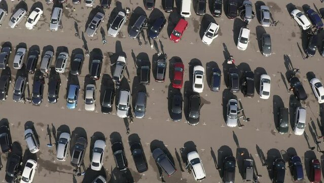 Different used cars at auto market. Drone video