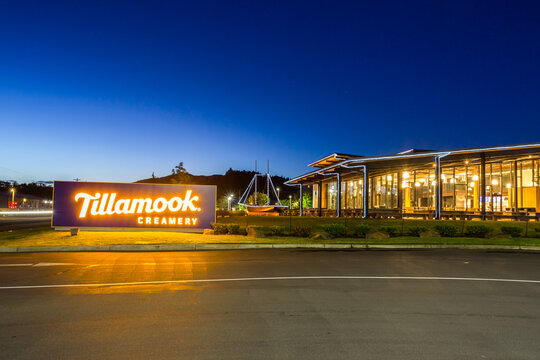 Famous Oregon Coast Tillamook Creamery Illuminated At Night