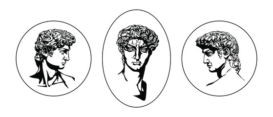 Set of Head of Michelangelo's David. Vector drawing. Antique collection.