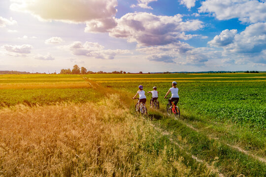 family on bike ride outdoors at sunset. mother and kids on bikes cycling outdoors. active family sport and fitness together. drone photo