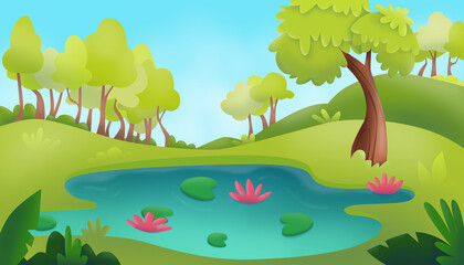Fototapeta na wymiar landscape forest lake. Cute illustration.