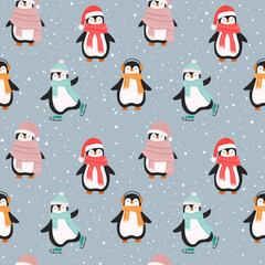 Christmas seamless pattern with cute cartoon penguins.