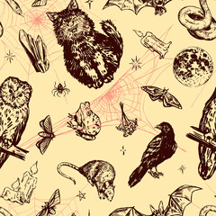 Halloween spooky animals, witchcraft seamless pattern. Ornament of wild life, herbs, crystals, candles, insects. Vector illustration in retro engraving style