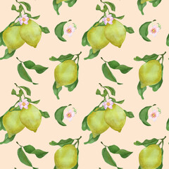 	
Watercolor hand drawn vector pattern, background, wallpaper, seamless with yellow lemons and leaves