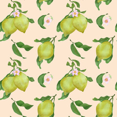 	
Watercolor hand drawn vector pattern, background, wallpaper, seamless with yellow lemons and leaves