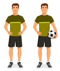 handsome young man in sport outfit, holding a soccer ball. Healthy lifestyle and fitness concept. Cartoon illustration. Isolated on white.