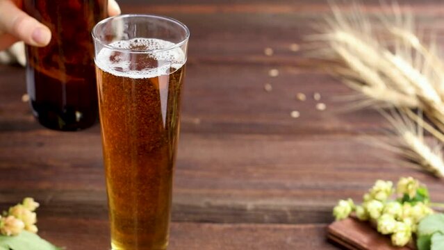 Home brewing concept. Pour homemade light beer into a glass close-up on a wooden background with hops and barley.