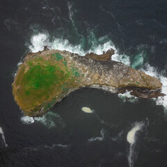 Top view of a small bizarre island in the ocean, overgrown with green moss. Dark blue water and...