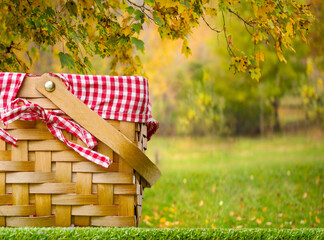 A cozy picnic basket against the background of picturesque autumn nature. Family vacation, picnic, traditional celebration of Thanksgiving Day, Giving birth, romance.