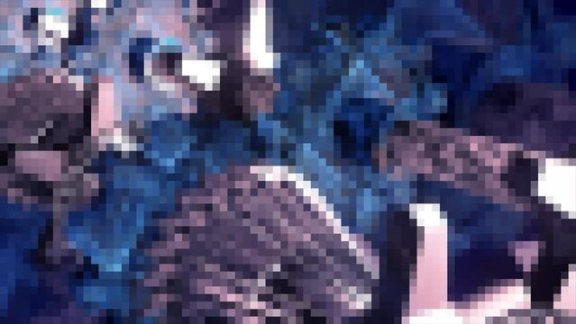 Small pixels. Motion.Small squares that make up patterns on the mosaic with blue shades and moving to the right are highlighted in the animation.