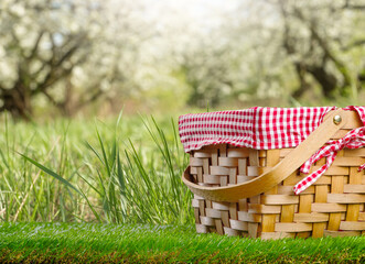 A straw basket for a picnic on a green lawn against the background of picturesque nature. Outdoor...