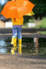 two little cheerful girls with bright yellow and orange umbrellas walk through the puddles in rubber boots after the rain in the warm season