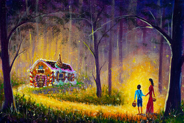 Artist oil painting hansel and gretel gingerbread house fairy tale fairy tale background illustration for children