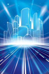 Neon glow city illustration. Night illumination highway. Business town center. Mounrains at background. White outlines. Vector design art 