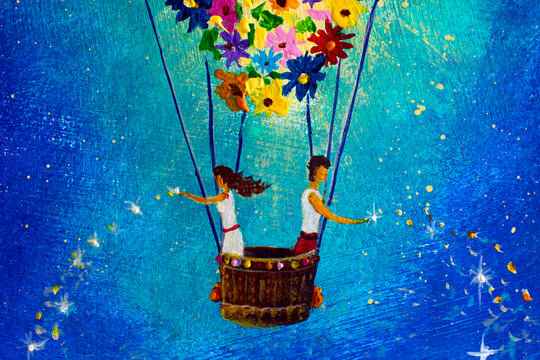 romantic painting Lovers in a balloon of flowers in space send love illustration for children story book postcard
