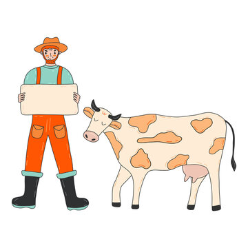 Male Farmer Protests With Poster In Hands. Cow Is Standing Nearby. Fight Against The Ban On Livestock. Reducing Nitrogen Emissions. Colorful Vector Isolated Illustration Hand Drawn