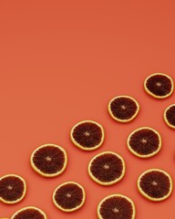 DIagonal placed graipfrut slices on orange background, fruity background concept, 3d rendering