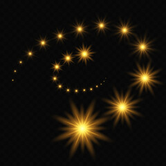 A parade of stars, bright glowing stars, lights and reflective effects on a transparent background. Vector illustration