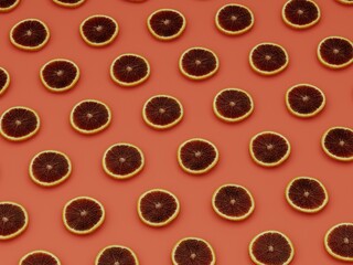 orange surface covered with graipfruit slices, fruit geometric background, flatlay, 3d rendering