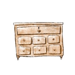 vintage wooden dresser watercolor illustration, hand drawn clipart