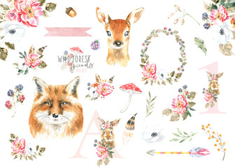 Watercolor woodland animal, fall forest florals illustration set.Deer,fox,teepee, arrow, floral frame, bouquet,wooden sign,alphabet letter A,number 1. Diy set for baby shower greeting card invitaion  