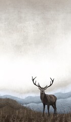 Scandinavian poster with deer and hills, watercolor style landscape