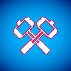 White Medieval crossed battle hammers icon isolated on blue background. Vector