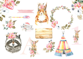 Watercolor woodland animal, fall forest florals illustration set.Squirrel,otter,teepee, arrow, floral frame, bouquet,wooden sign,alphabet letter A,number 1.Diy set for baby shower greeting card invite