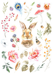 Watercolor woodland bunny animal boho illustration set. Forest floral botanical elements berry,greenery, peony, anemone isolated. Create character, frame, card for wedding,baby shower,invite diy 
