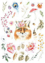 Watercolor woodland fox animal boho illustration set. Forest floral botanical elements berry,greenery, peony, anemone isolated. Create character, frame, card for wedding,baby shower,invite diy 