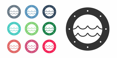 Black Ship porthole with rivets and seascape outside icon isolated on white background. Set icons colorful. Vector