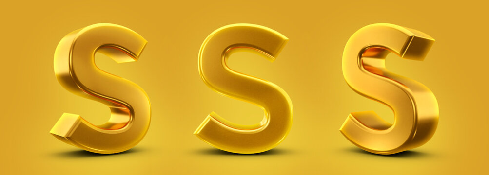 Letter S in 3d metal gold with shadow caster and yellow background