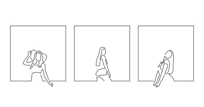 Young people making an expression in line art animation. Video footage of three persons framed. Black linear video on white background. Animated gif illustration design.