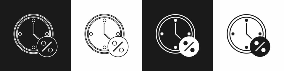 Set Clock and percent discount icon isolated on black and white background. Vector