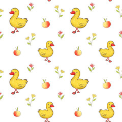 endless pattern with ducks and apples