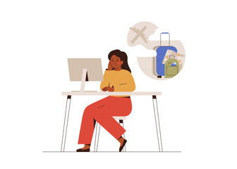 Woman planning her holiday and buys tickets on the plane. Girl at the workplace dreaming about vacations. Young female thinks on her future trip and rest. Vector illustration