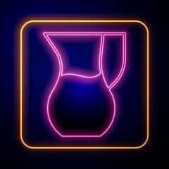 Glowing neon Jug glass with water icon isolated on black background. Kettle for water. Glass decanter with drinking water. Vector