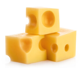 Delicious cheese pieces, isolated on white background