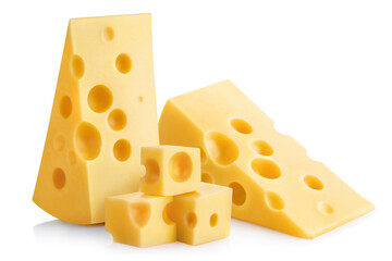 Delicious cheese pieces, isolated on white background