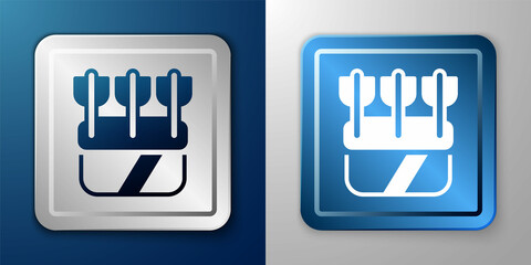 White Quiver with arrows icon isolated on blue and grey background. Silver and blue square button. Vector