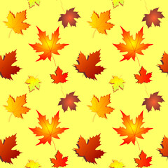 Naklejka na ściany i meble seamless pattern of autumn maple leaves on a yellow background, texture, design