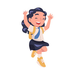 Happy Girl Pupil in Uniform with Tie and Backpack Jumping with Joy Excited About Back to School Vector Illustration