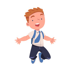 Happy Boy Pupil in Uniform with Tie and Backpack Jumping with Joy Excited About Back to School Vector Illustration
