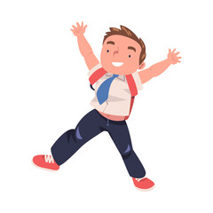 Fototapeta na wymiar Happy Boy Pupil in Uniform with Tie and Backpack Jumping with Joy Excited About Back to School Vector Illustration
