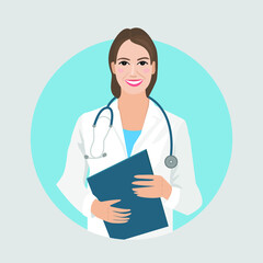 Vector image of a flat female doctor who smiles and holds a medical instrument