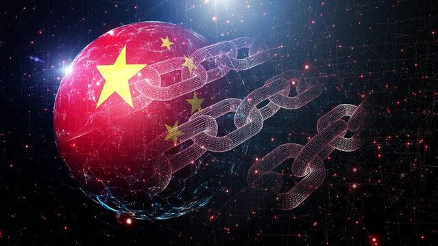 3d China flag globe with blockchain chains business data.