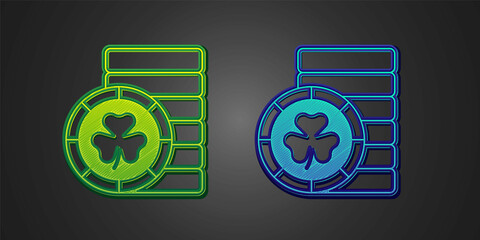 Green and blue Golden leprechaun coin with clover trefoil leaf icon isolated on black background. Happy Saint Patricks day. National Irish holiday. Vector