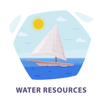 Natural Water Resources with Sailing Boat in Sea Hexagonal Shape Picture Vector Illustration