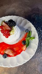 top view pavlova dessert close-up sweet dessert on the table