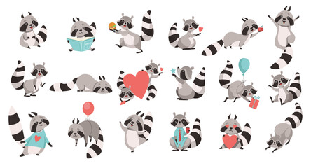 Funny Raccoon Animal with Ringed Tail Engaged in Different Activity Big Vector Set - obrazy, fototapety, plakaty
